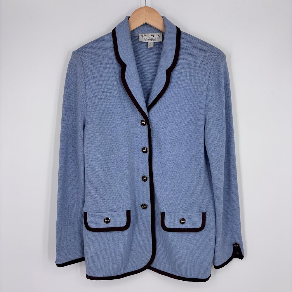 St John Collection Marie Gray Santana Knit Blazer Jacket Womens 8 Blue Burgundy